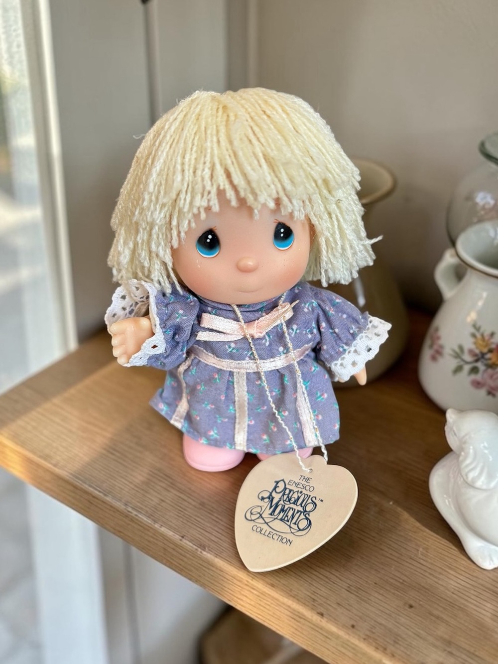 Vintage Enesco Precious Moments Blonde Lavender Floral Dress Doll with Heart Tag
